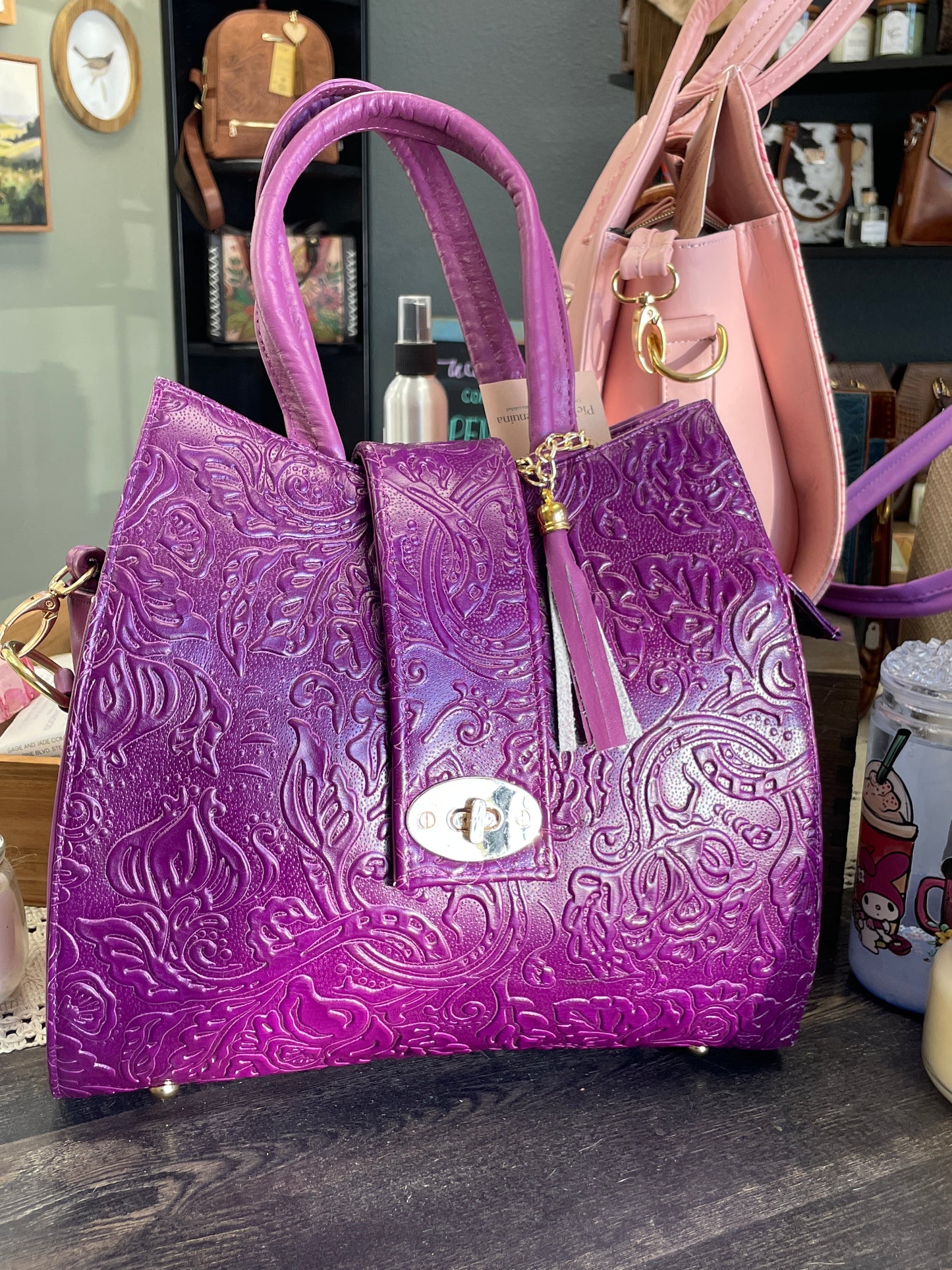 Bugambilia Purple Embossed Calf Leather Handbag