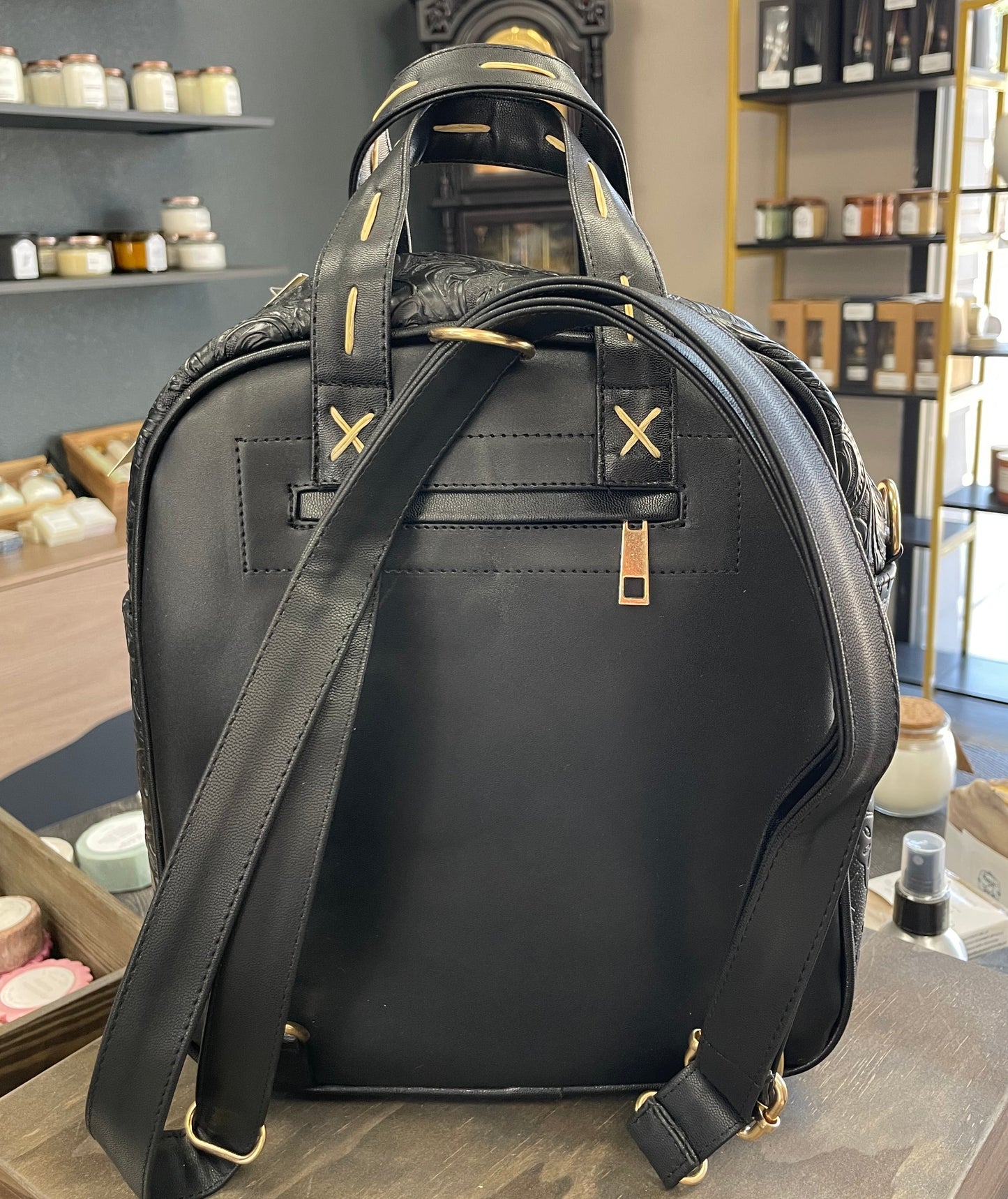 Black Embossed Vegan Leather Backpack