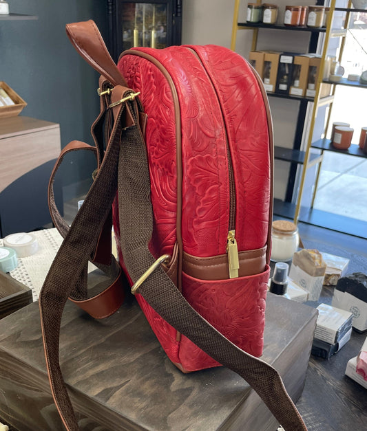 Red Embossed Vegan Leather Backpack