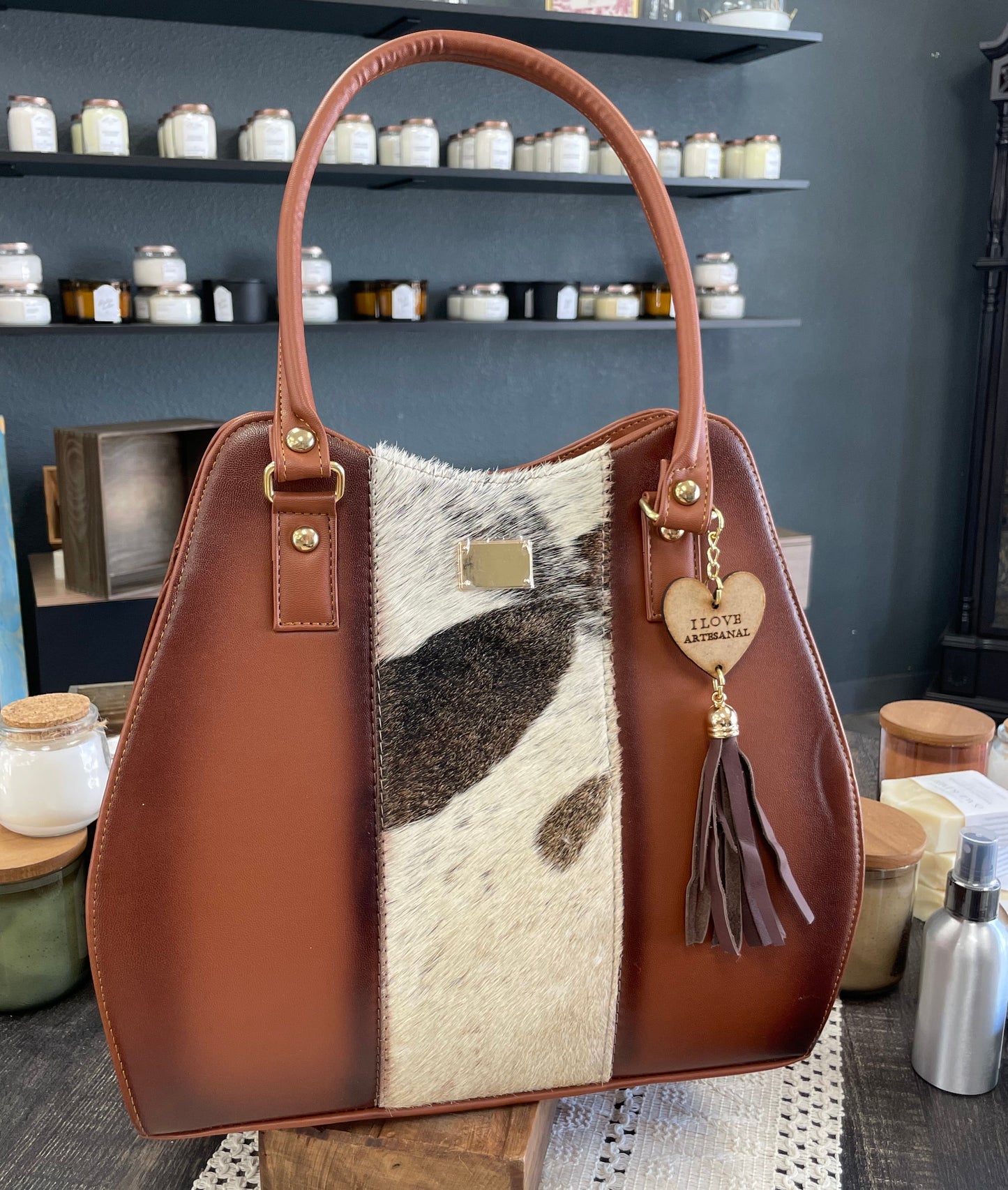 Large Cowhide Stripe Leather Handbag