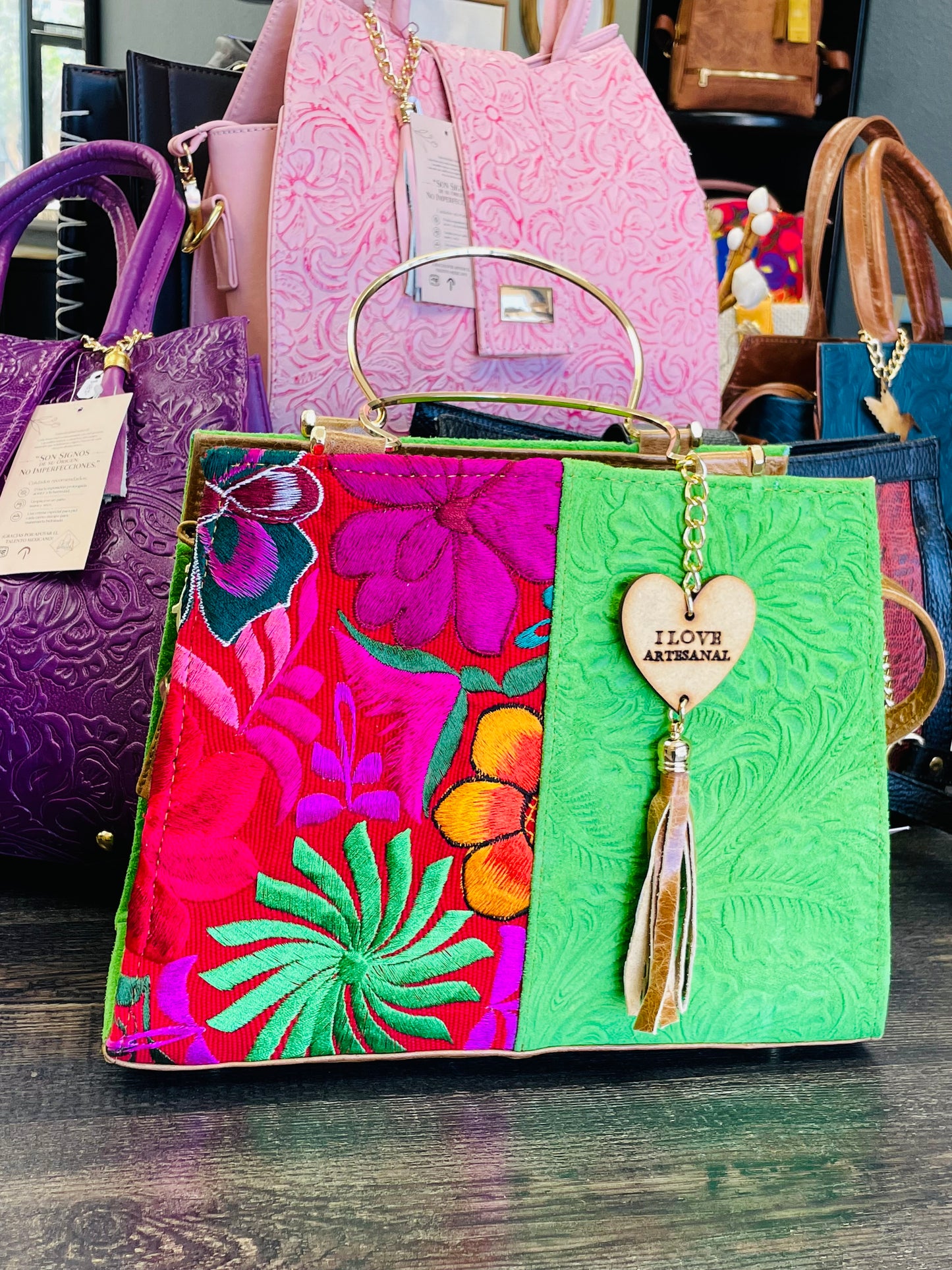 Handcrafted Suede Leather Handbag with Chiapanec Embroidery, Lime Green