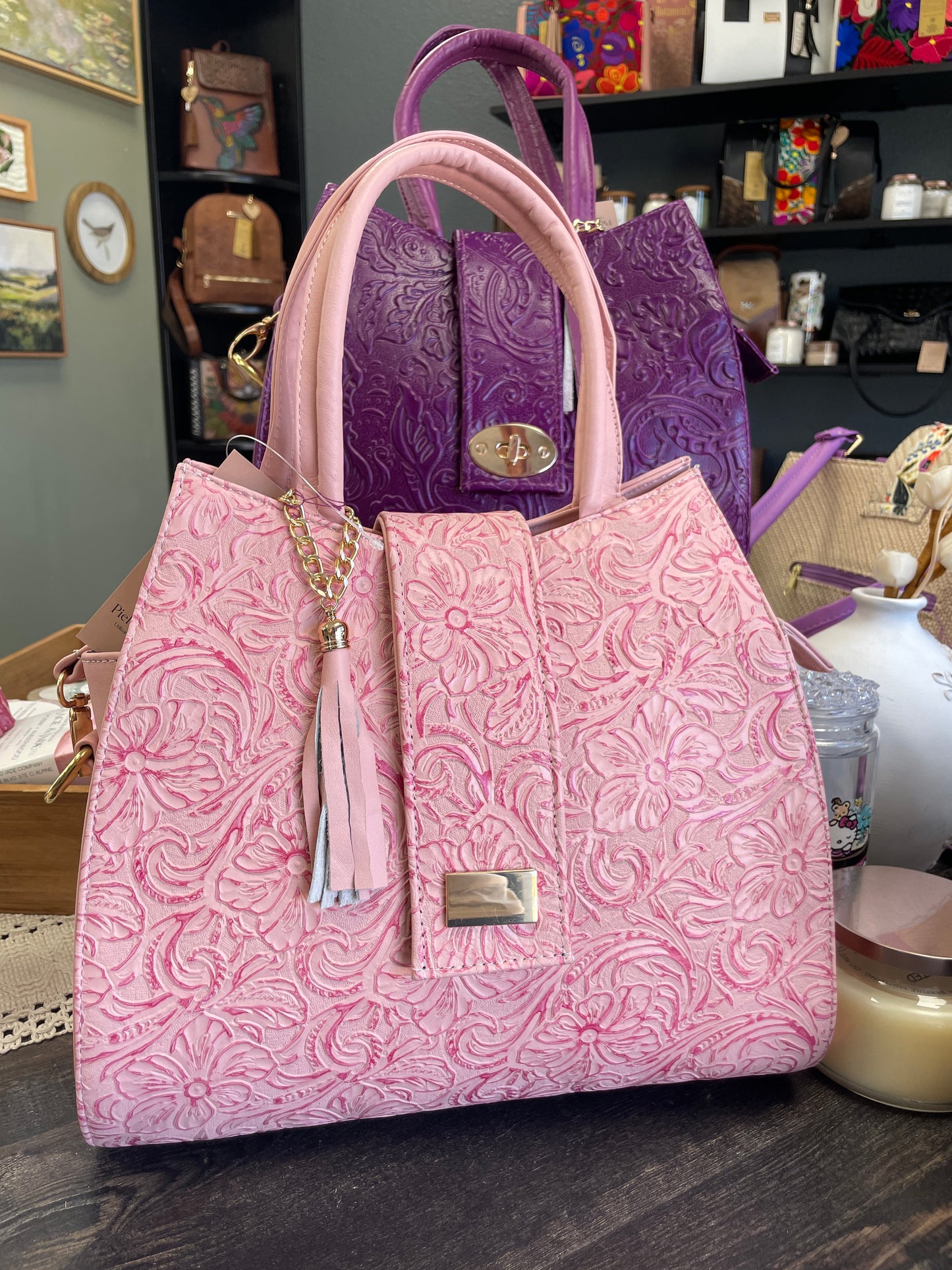 Embossed Calf Leather Handbag, Rose