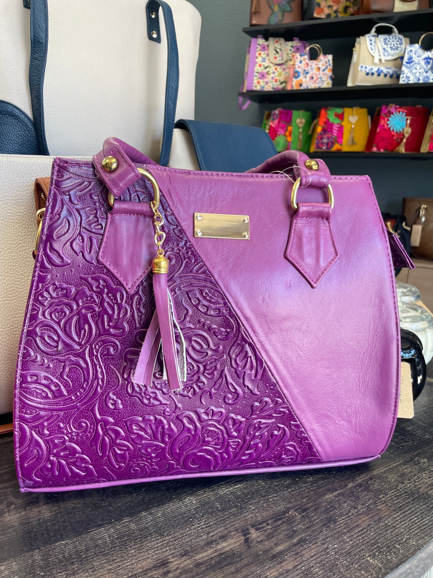 Bugambilia Purple Embossed Calf Leather Handbag