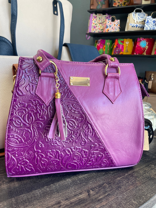 Bugambilia Purple Embossed Calf Leather Handbag