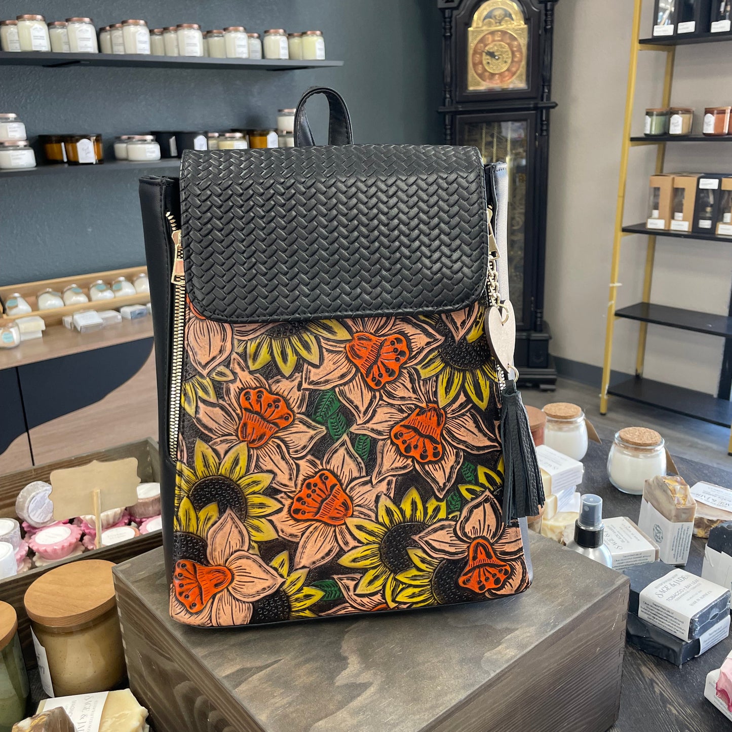 Floral Embossed Leather Backpack