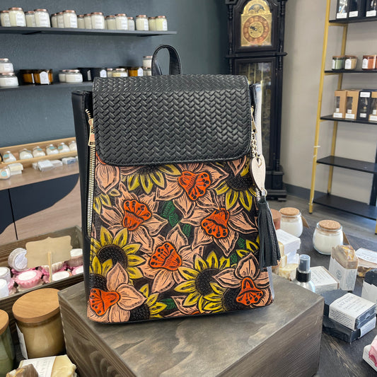 Floral Embossed Leather Backpack