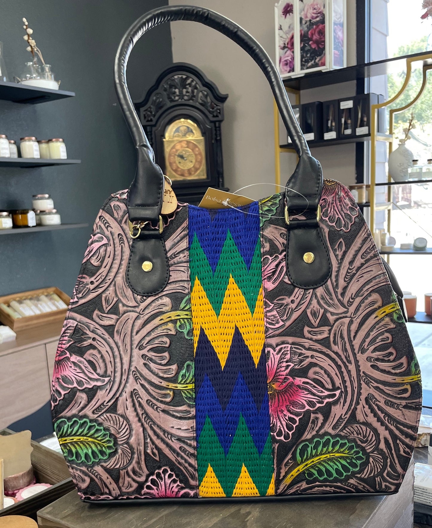 Large Hand-Painted Floral Vegan Leather Handbag