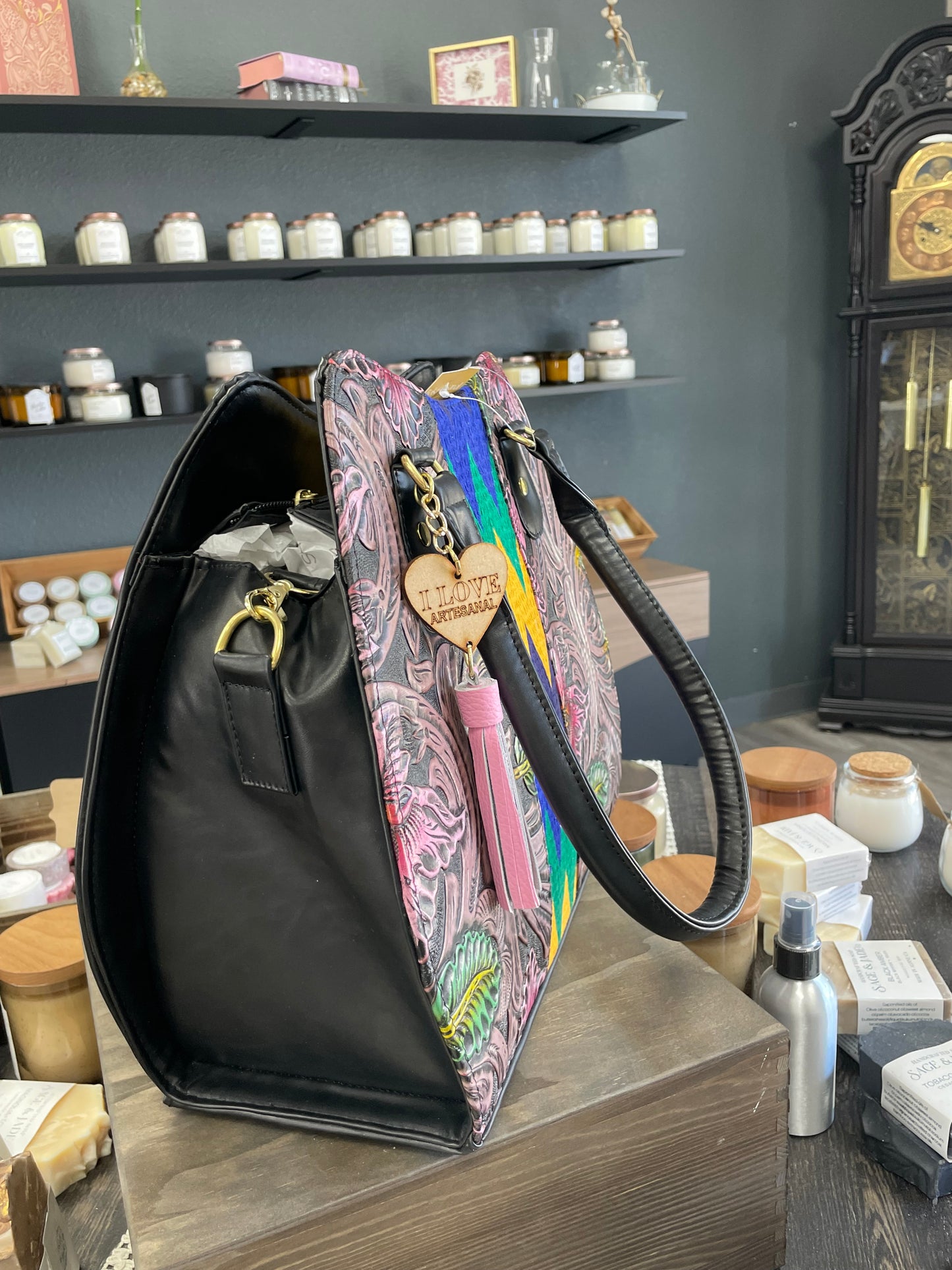 Large Hand-Painted Floral Vegan Leather Handbag