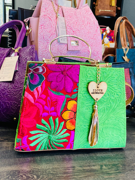 Handcrafted Suede Leather Handbag with Chiapanec Embroidery, Lime Green