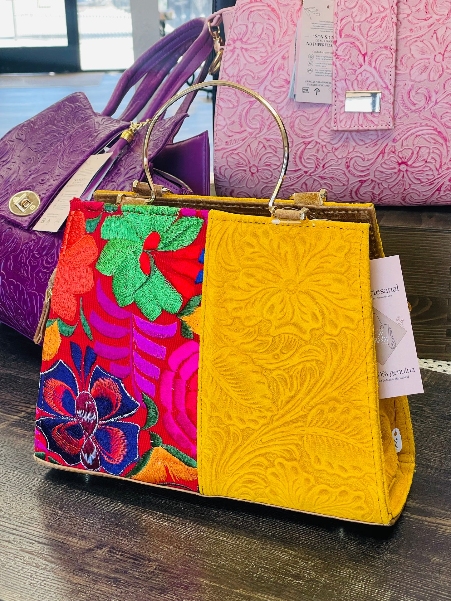 Handcrafted Suede Leather Handbag with Chiapanec Embroidery, Canary Yellow