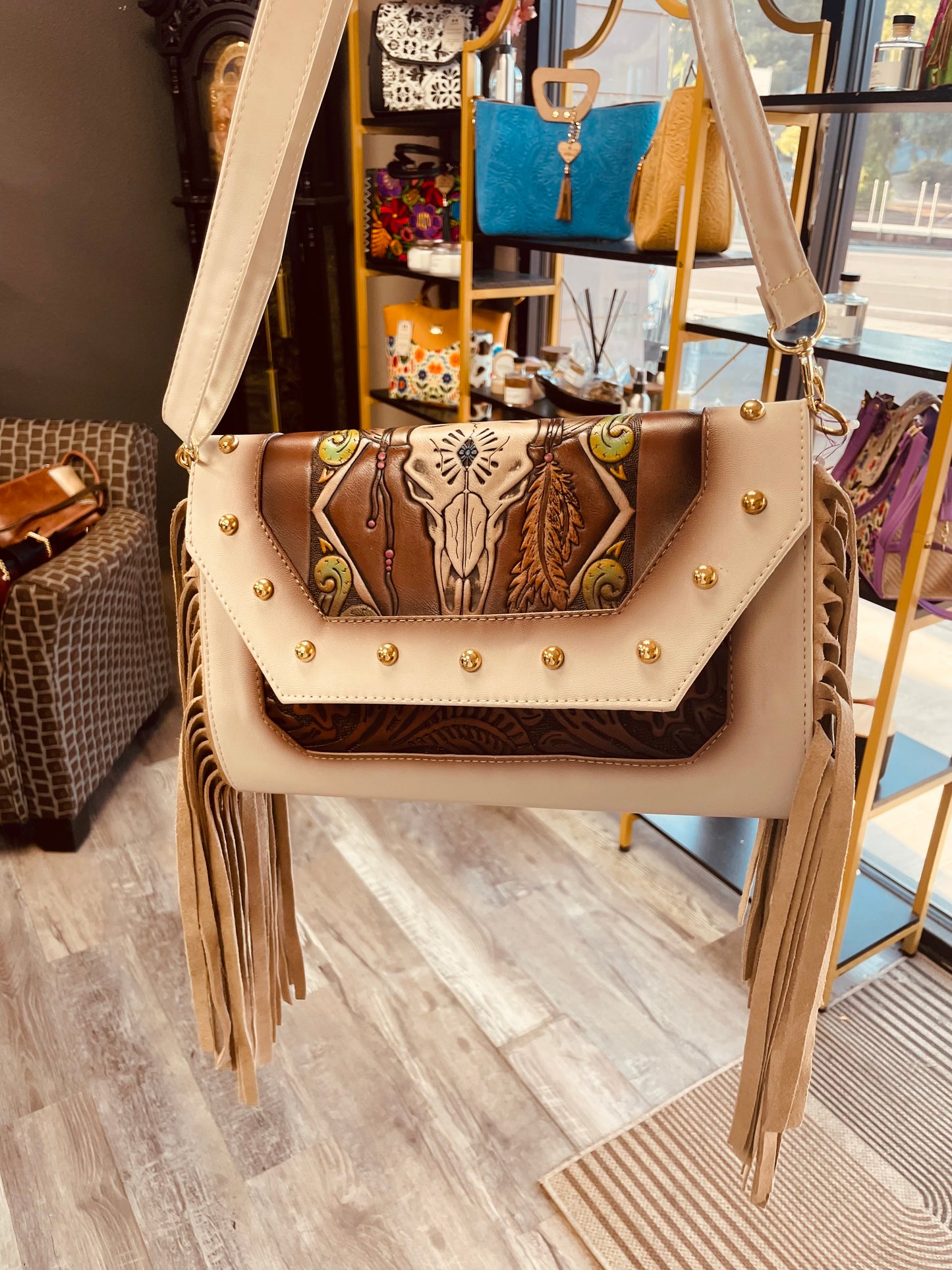 Handcrafted Western Handbag with Painted Cow Skull