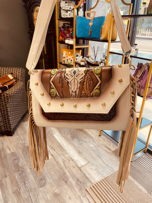 Handcrafted Western Handbag with Painted Cow Skull